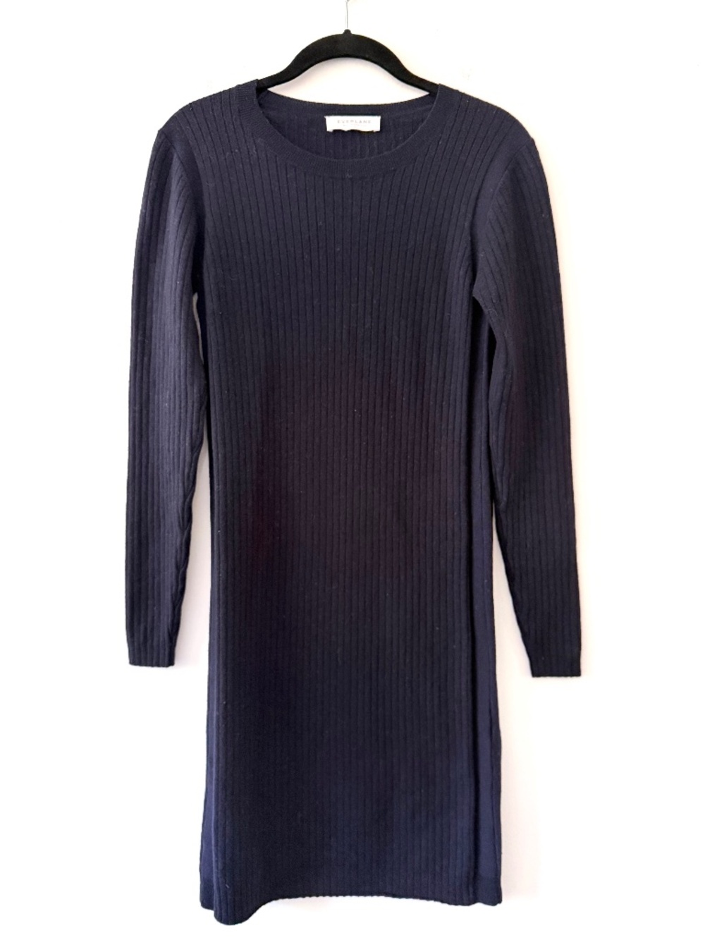Everlane Navy Wool Blend Sweater Dress Ribbed Crew Neck Fall BTS Cozy Preppy